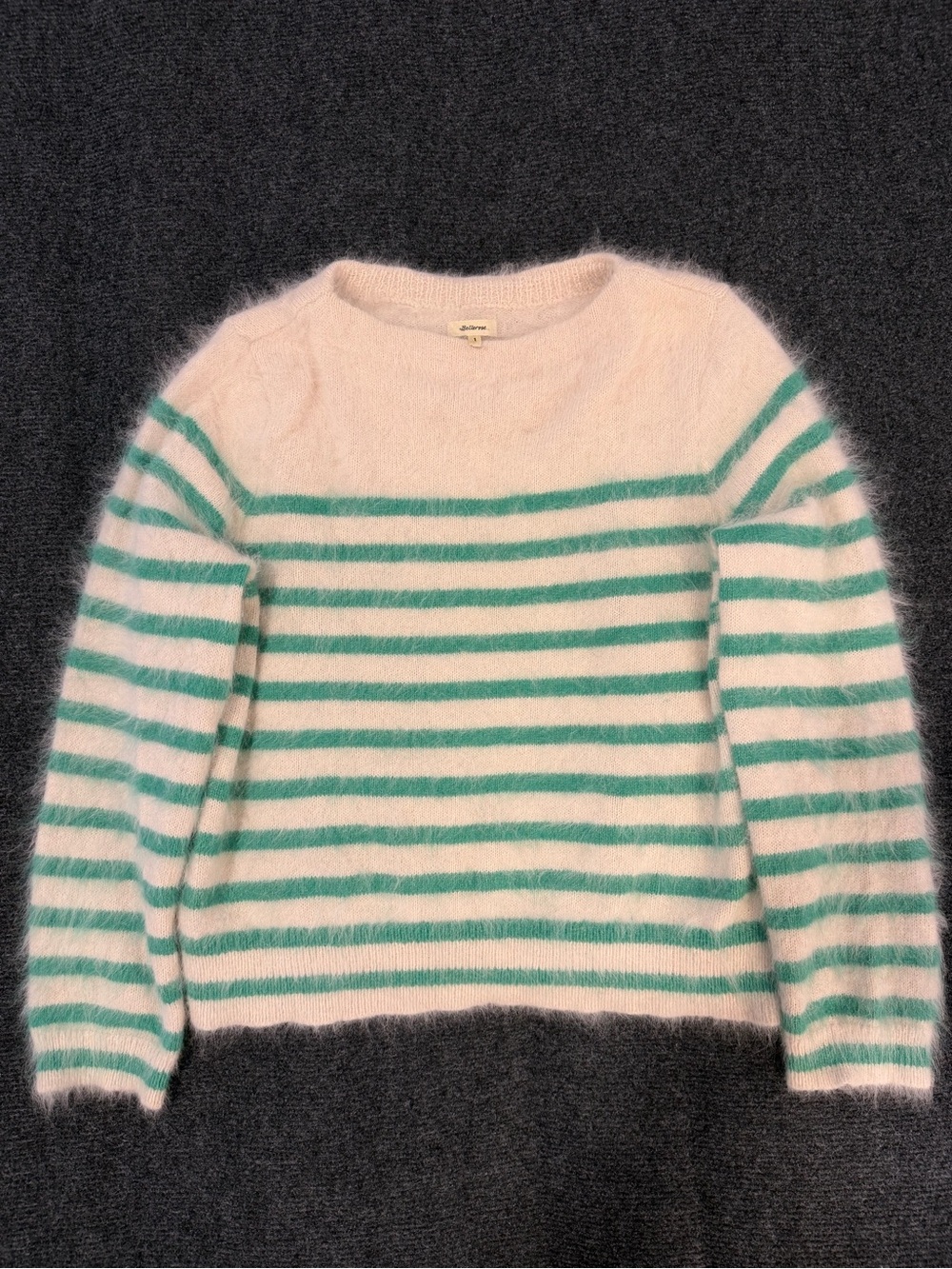 Bellrose Angora-Blend Women’s Striped Fuzzy Crewneck Sweater - White & Teal